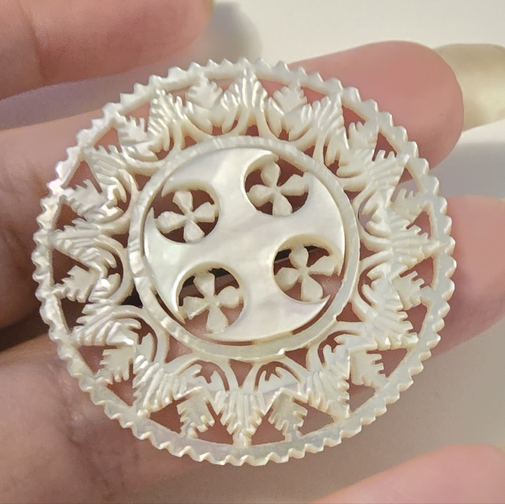 Vintage mother of pearl MOP brooch Artisan Carved Jerusalem cross